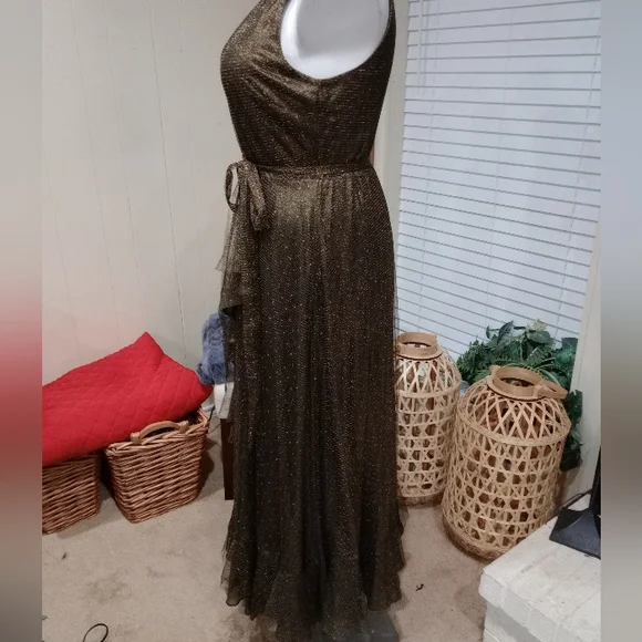 Gold Bronze Metallic Tiered Ruffle Hem Dress Size 16 Shawl Included NWOT - Picture 6 of 14